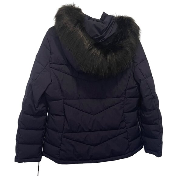 NWT Calvin Klein Womens Puffer Jacket Infinite Stretch Fur-Trim Hood XL Navy NEW - Picture 2 of 11